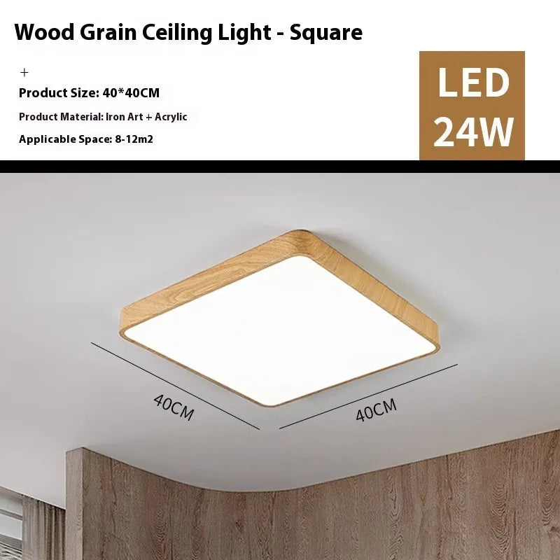 Nordic LED wood grain finish bedroom ceiling light with modern iron art frame in square design