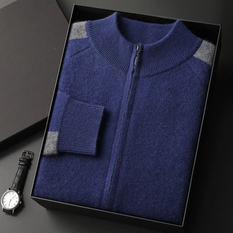 Men's cashmere wool blend sports cardigan suit with half turtleneck zipper top and matching trousers