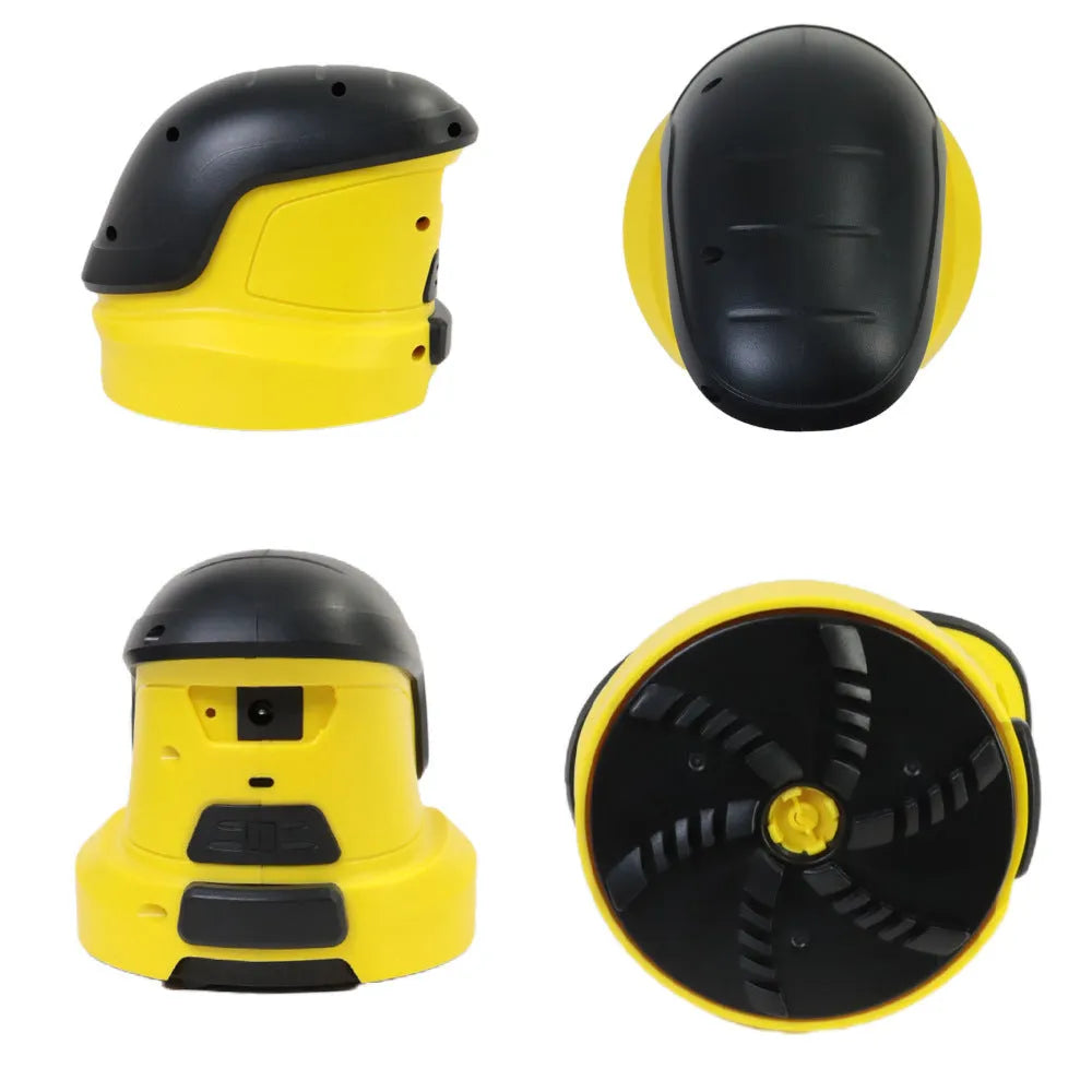Yellow cordless electric car ice scraper with USB charging cable on a frosty car windscreen.
