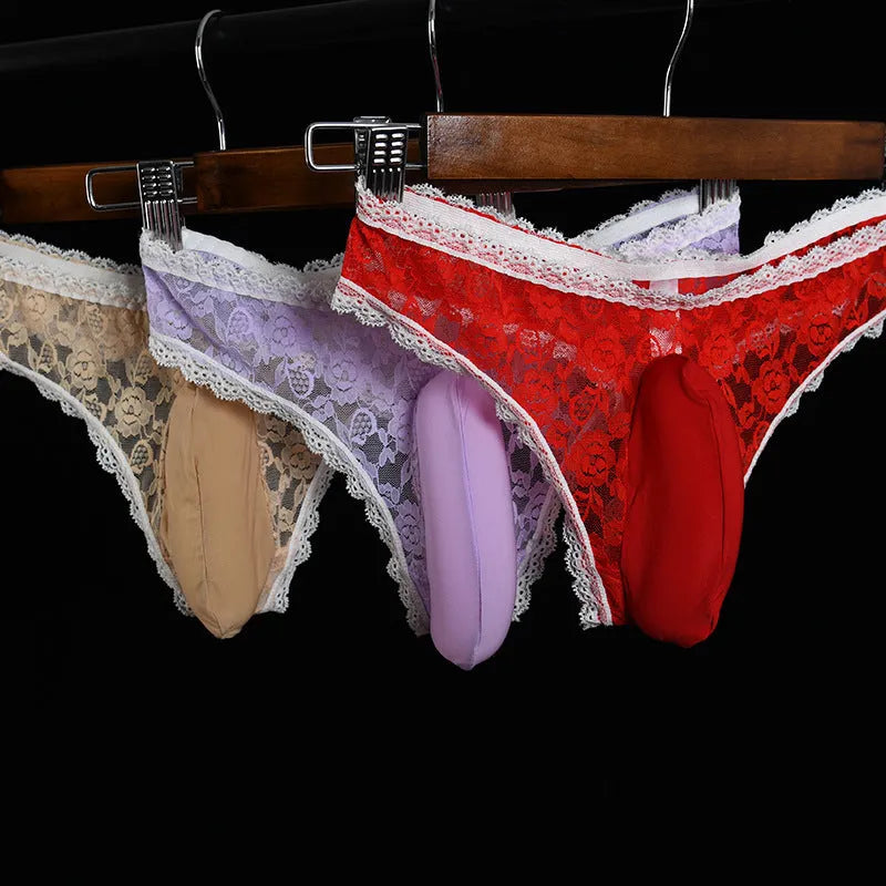 Men's lace underwear with vertical bag egg penis cover pouch in multiple colours