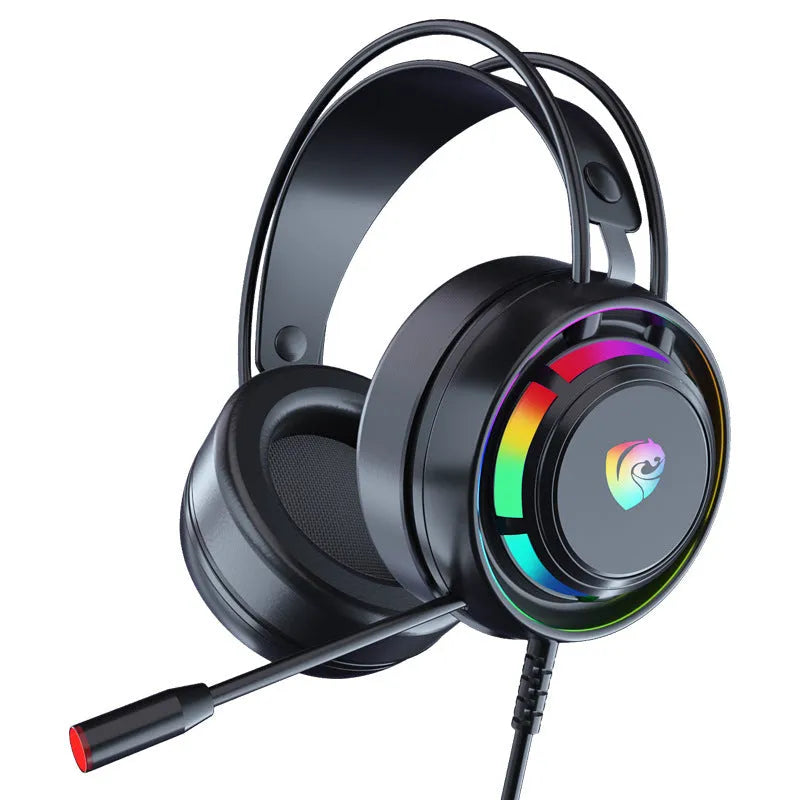Black wired over-ear computer headphones with a microphone on a 2.2m cable, showing 3.5mm and USB plug options.
