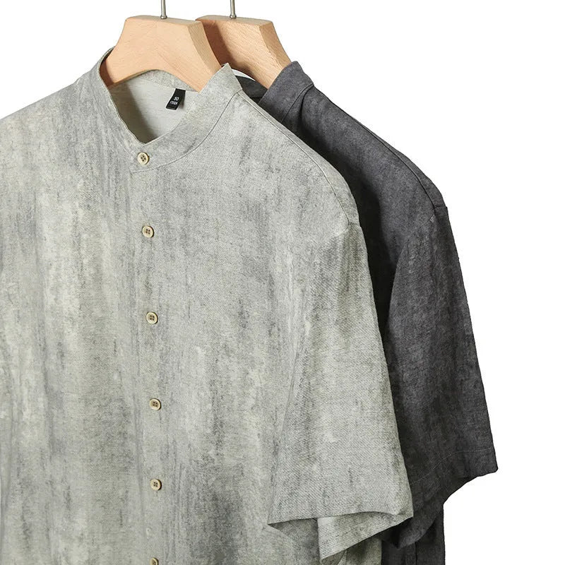 Men's loose-fit linen blend shirt with stand collar in black grey and white grey colour options