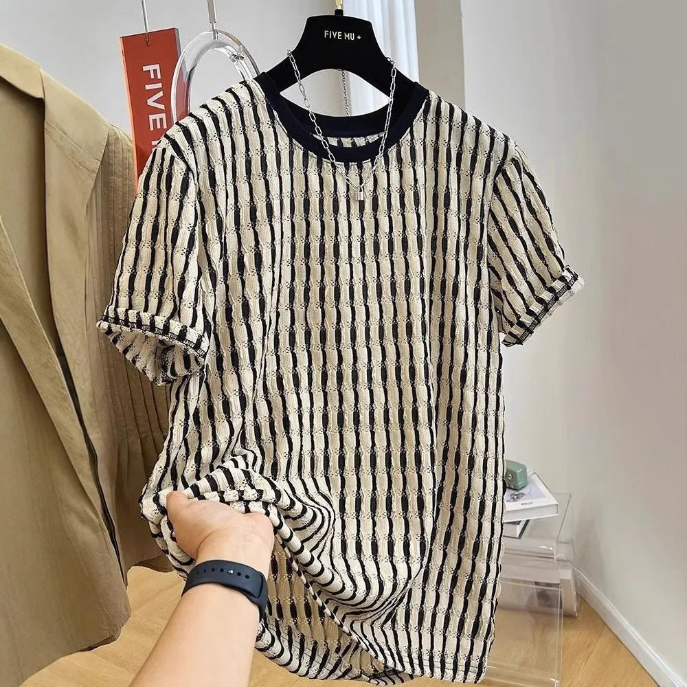 Black striped men's casual loose short sleeve shirt made from silk and linen blend fabric