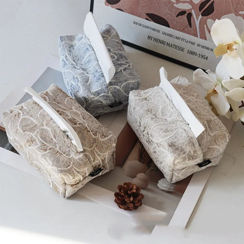 New Chinese Style floral patterned cotton fabric tissue box in beige, on a wooden table.