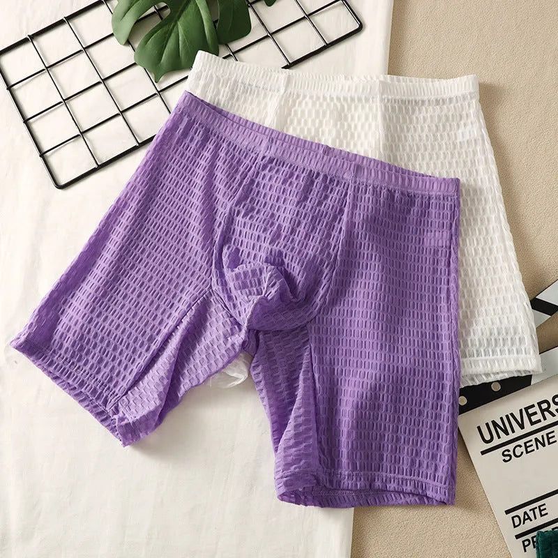 Men's solid colour lace boxer shorts with hip lifting shaping design