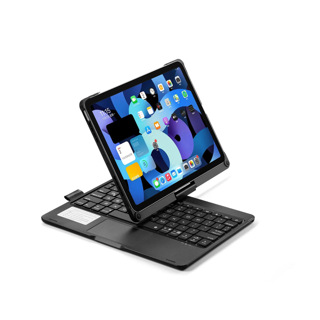 Rose gold Bluetooth keyboard case with backlit keys for iPad Pro 11 on a rotating stand.