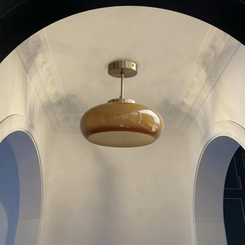 Bauhaus retro style glass pendant ceiling light with three egg tart shaped shades in milk white finish.