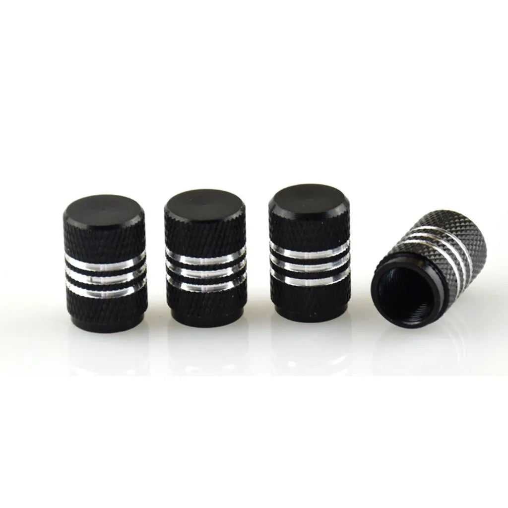 Stainless steel car tyre valve caps in multiple colour options showing black, red, blue and gold variants