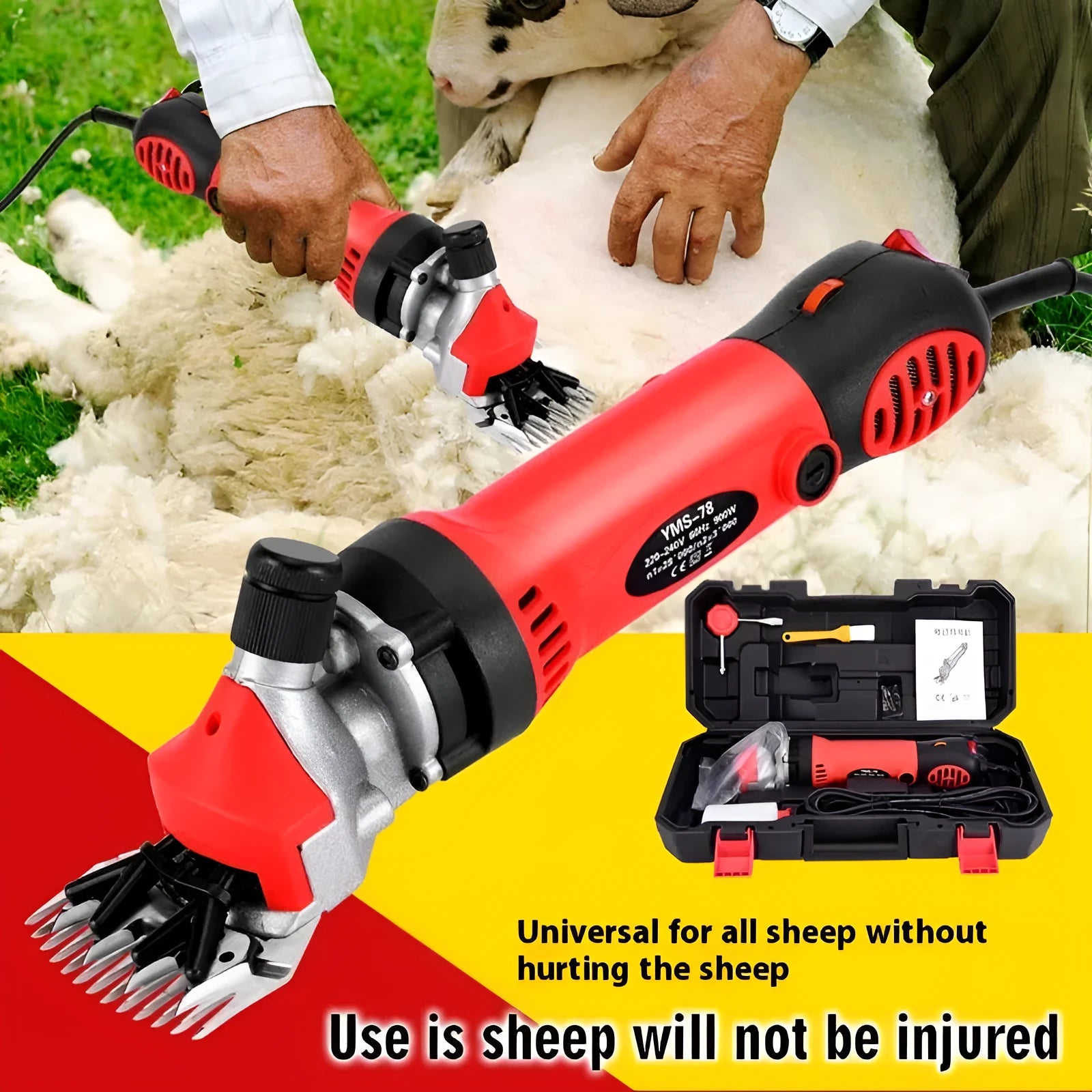 Yellow electric wool shearing clipper with 110V plug, multiple cutting blades, and maintenance accessories in plastic box