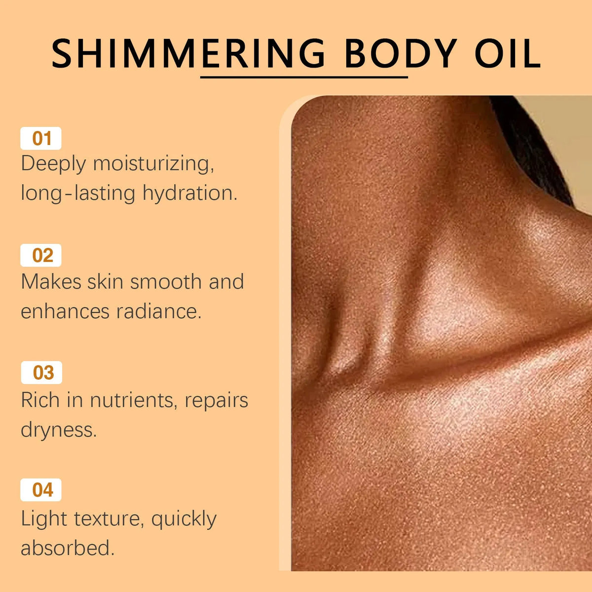 100ml shiny moisturizing body oil bottle with jojoba seed oil, vitamin E, cocoa extract and mica