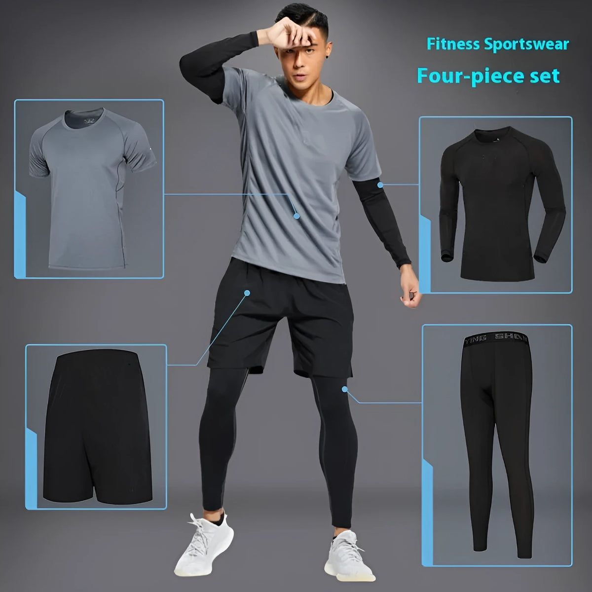 Sports suit short sleeve and pants set in grey, black or white with Vinylon fabric and polyester lining