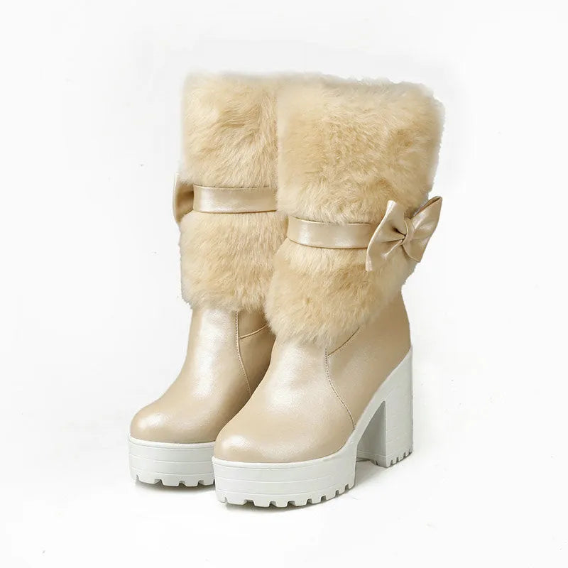 Women's thick heel snow boots in beige with chunky heel, waterproof platform, bow detail, and mid-calf shaft