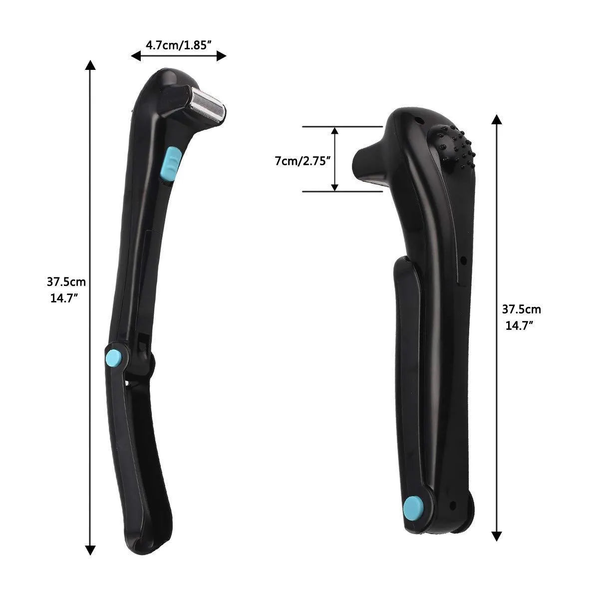 Black folding body electric shaver for whole body hair removal, uses AA batteries.