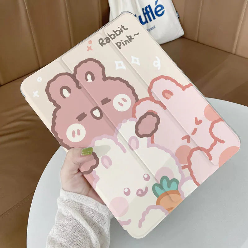Silicone tri-fold iPad protective case showing rabbit pattern and stand position.