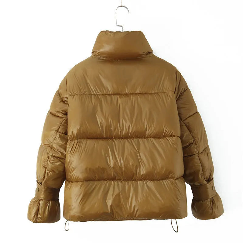Gold women's puffer coat with stand-up collar and double zipper, straight fit, long sleeves