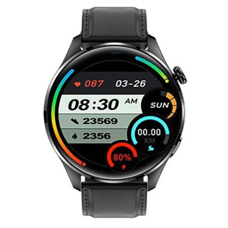 A smartwatch with a round colour screen on a black silicone strap, showing a call interface.
