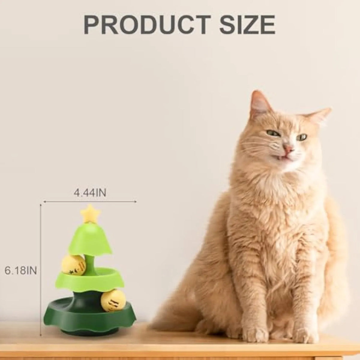 Green tree-shaped cat toy with two-level track, two moving balls, and top catnip ball under cover.