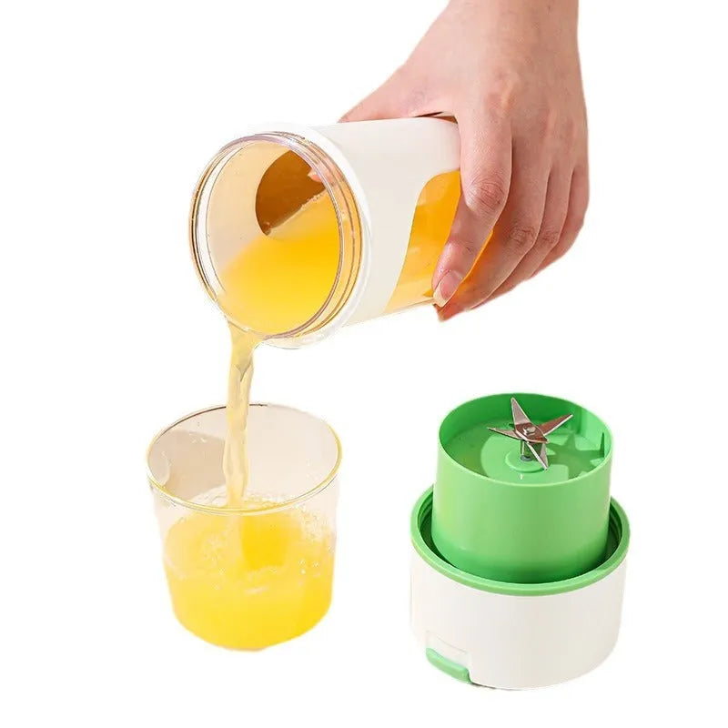 Portable USB electric juicer with 400ml PC food-grade plastic cup, available in blue, green or orange.