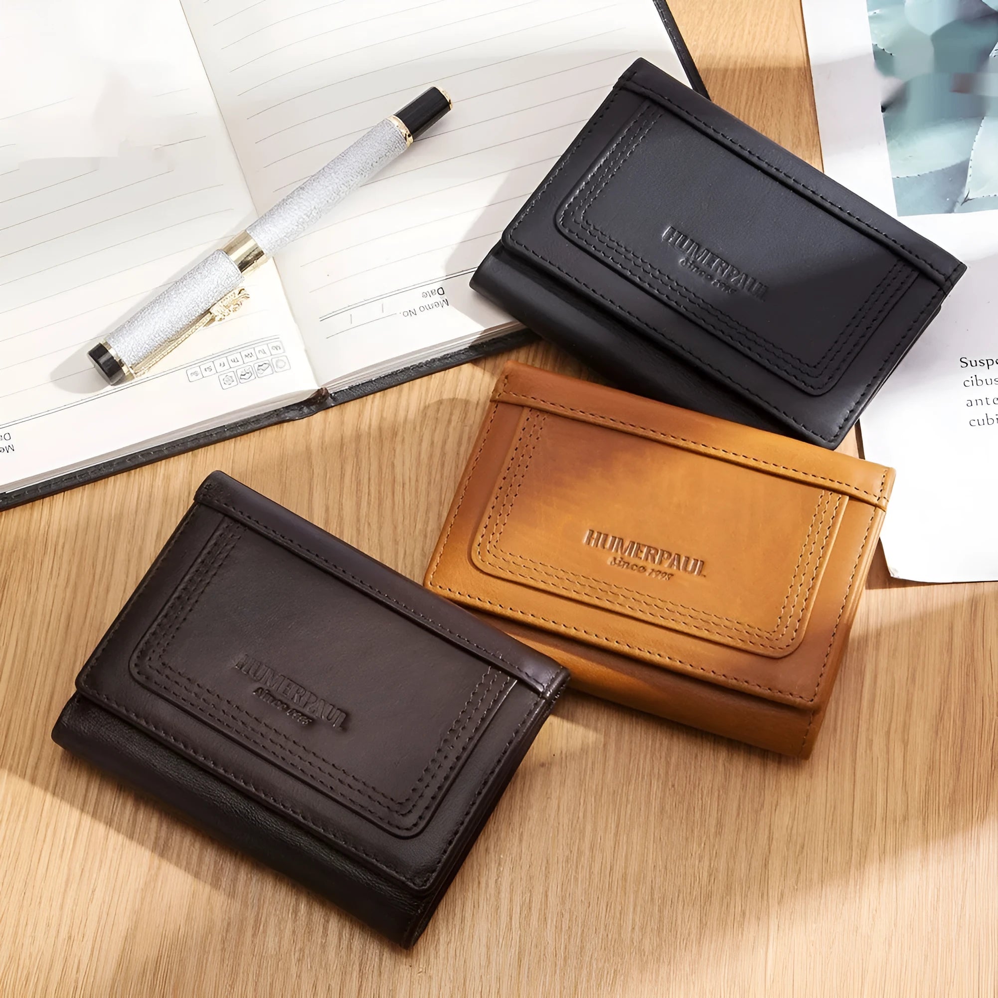 Multi-slot men's genuine leather zipper bag coin purse in brown with visible stitching and metal zipper