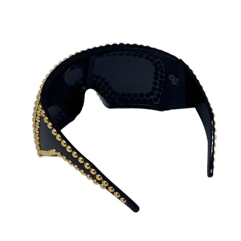 Men's silver punk sunglasses with large square lenses and metal rivet details on the temples.