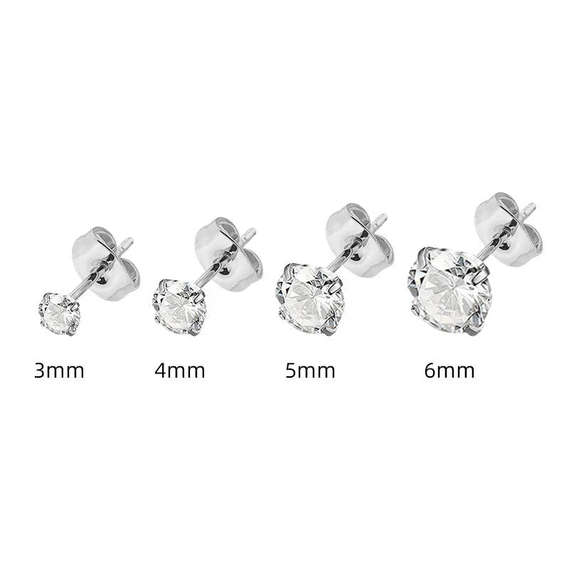 Titanium steel geometric zircon stud earrings showing square and round designs in gold and steel colour finishes