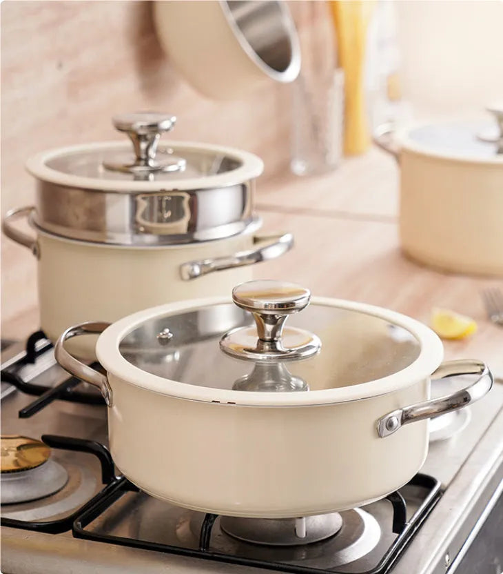 Stainless steel 304 double bottom soup pot set with beige gift box and glass covers