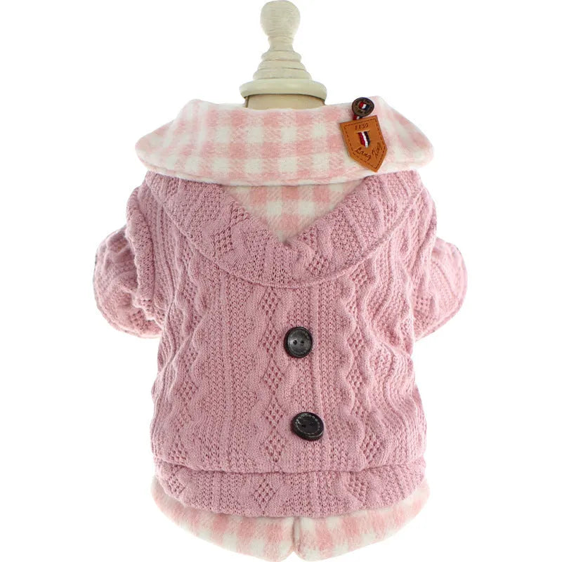 Blue plaid fleece-lined wool dog sweater with a fake two-piece design on a small dog.