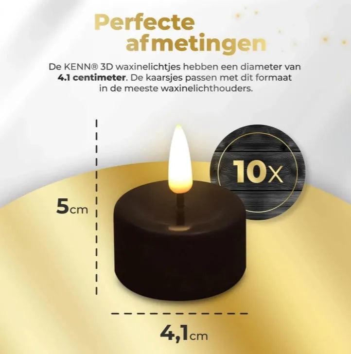 Four black S10 LED flameless tealight candles showing realistic flickering light.