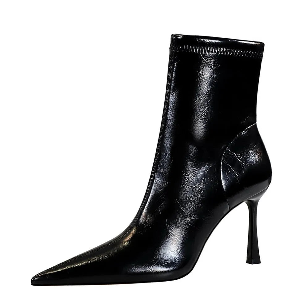 Women's black short stiletto heel boots with super high heel over 8cm and cotton lining
