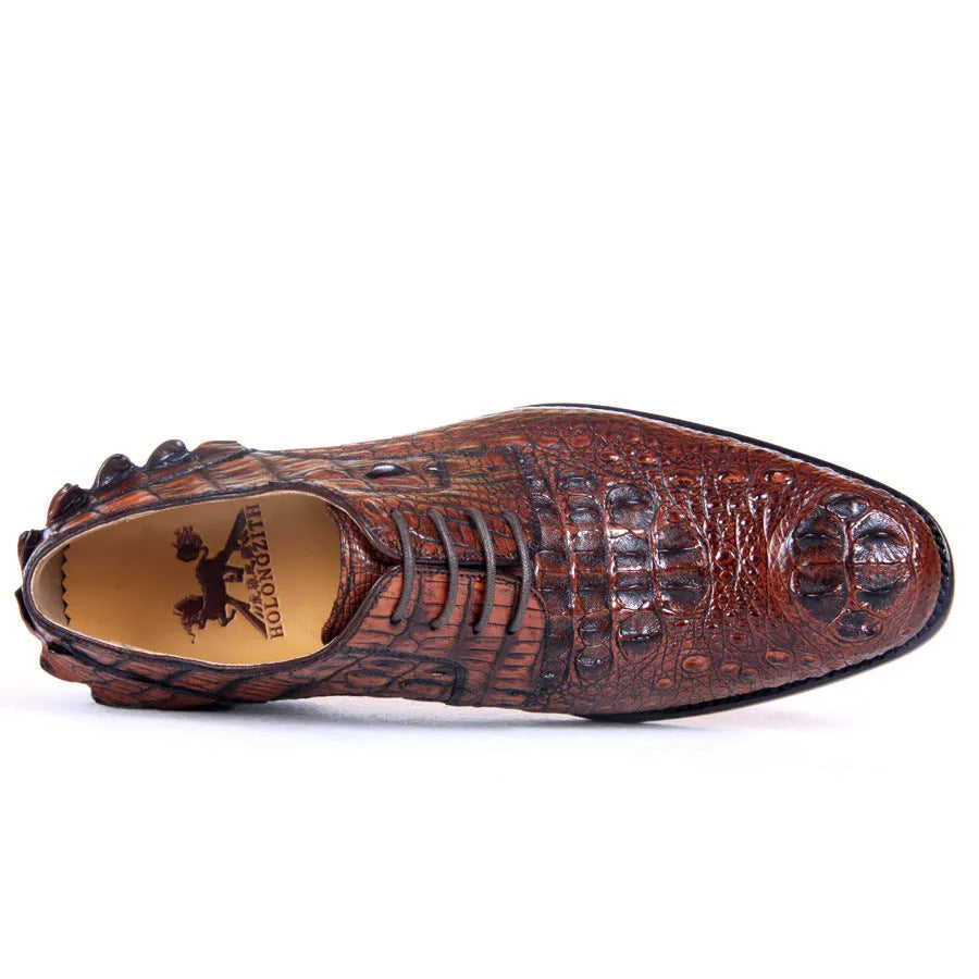 Men's brown crocodile skin leather dress shoes on display, low-top business style