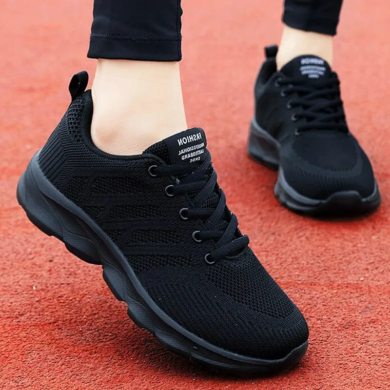 Women's white breathable mesh lace-up casual shoes with low heel