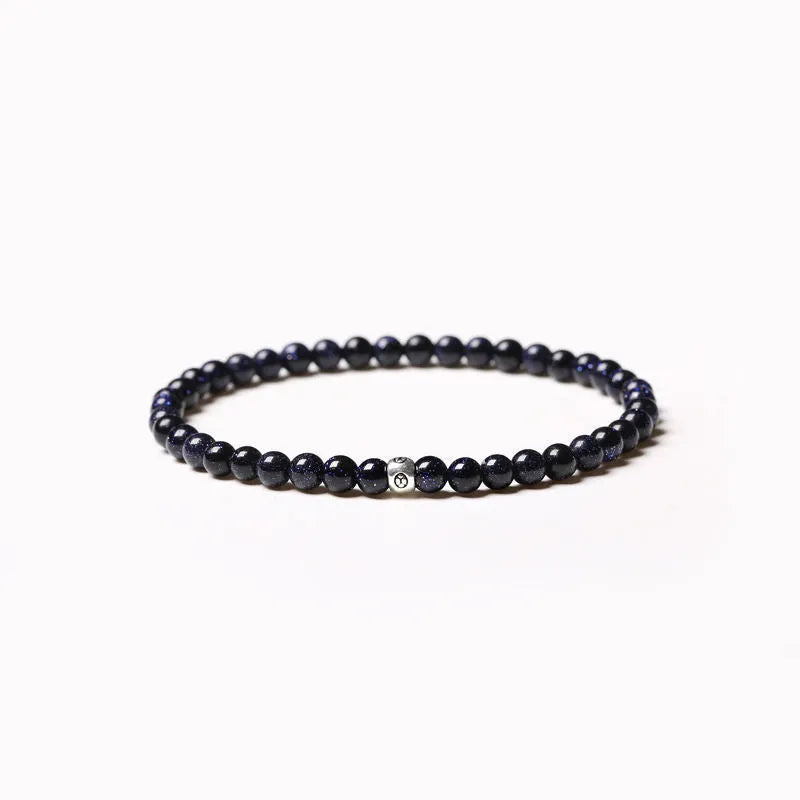 Unisex geometric bracelet with 4mm obsidian, blue San, and black agate beads and electroplated finish