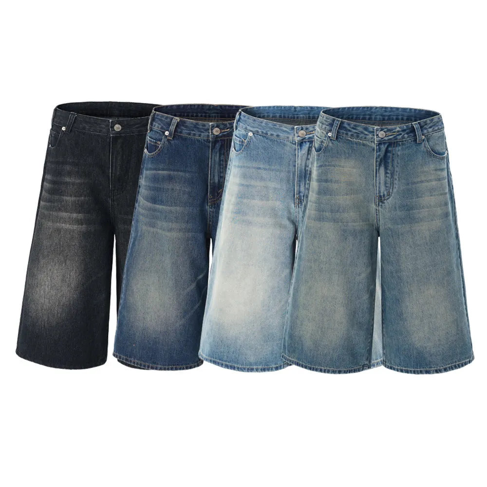 Men's cotton denim straight-leg summer shorts in loose cropped fit available in multiple colours