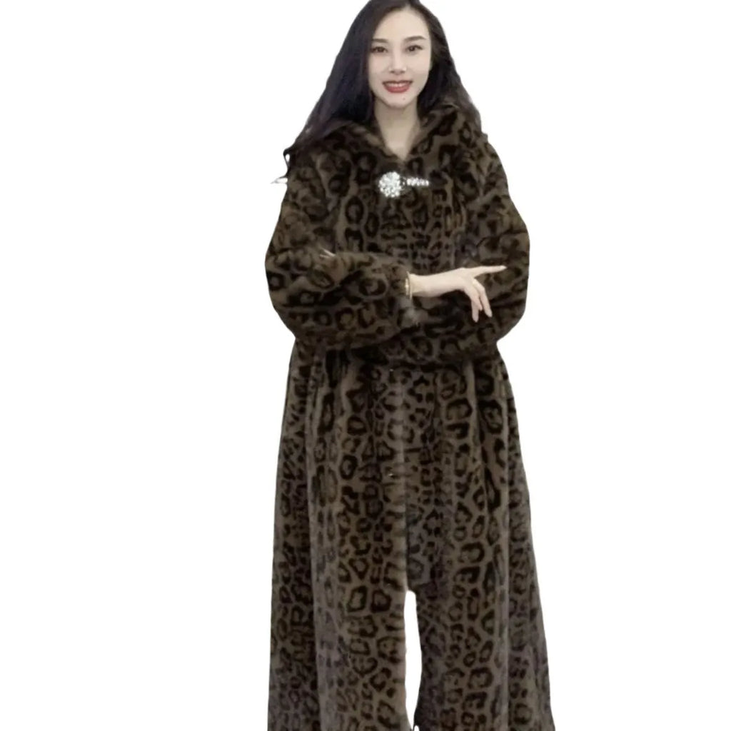 Long brown leopard print faux fur coat for women in a loose plus-size fit.