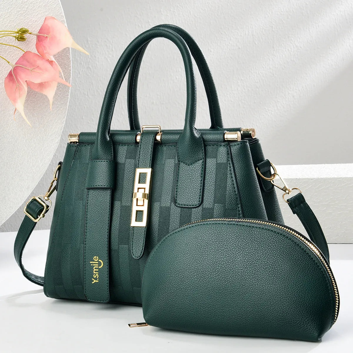 Round black PU crossbody shoulder handbag showing front view and dimensions of 28x13x20cm.