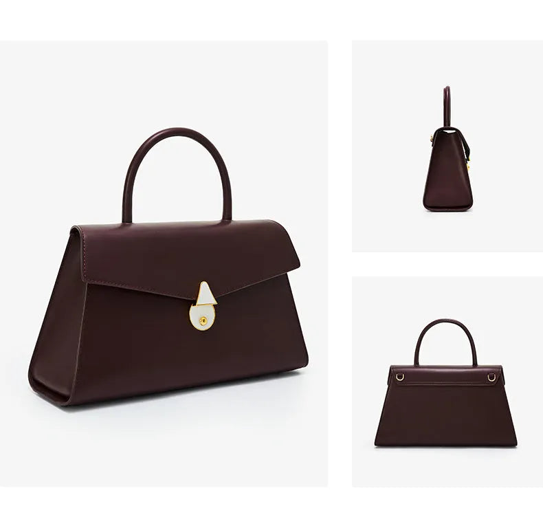 Women's large capacity top layer cowhide leather shoulder bag with adjustable 52-57cm strap, black or red, flap latch.