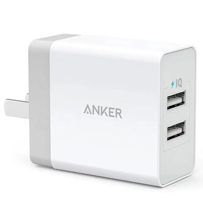 White dual-port USB charger with UK plug, 12W output, 2.4A per port, PD protocol support