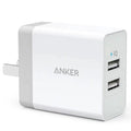 White dual-port USB charger with UK plug, 12W output, 2.4A per port, PD protocol support