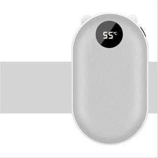 Rechargeable mini hand warmer and power bank device showing various colour options including rose gold and sky blue