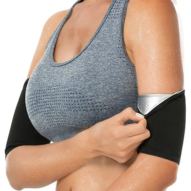 Adjustable arm sweatband with hook-and-loop strap in blue, shown on an arm during exercise.