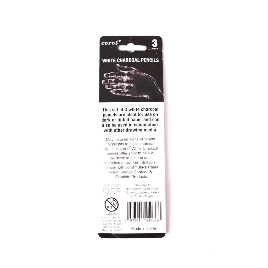 Set of three white charcoal pencils with wooden barrels for sketching on dark paper.