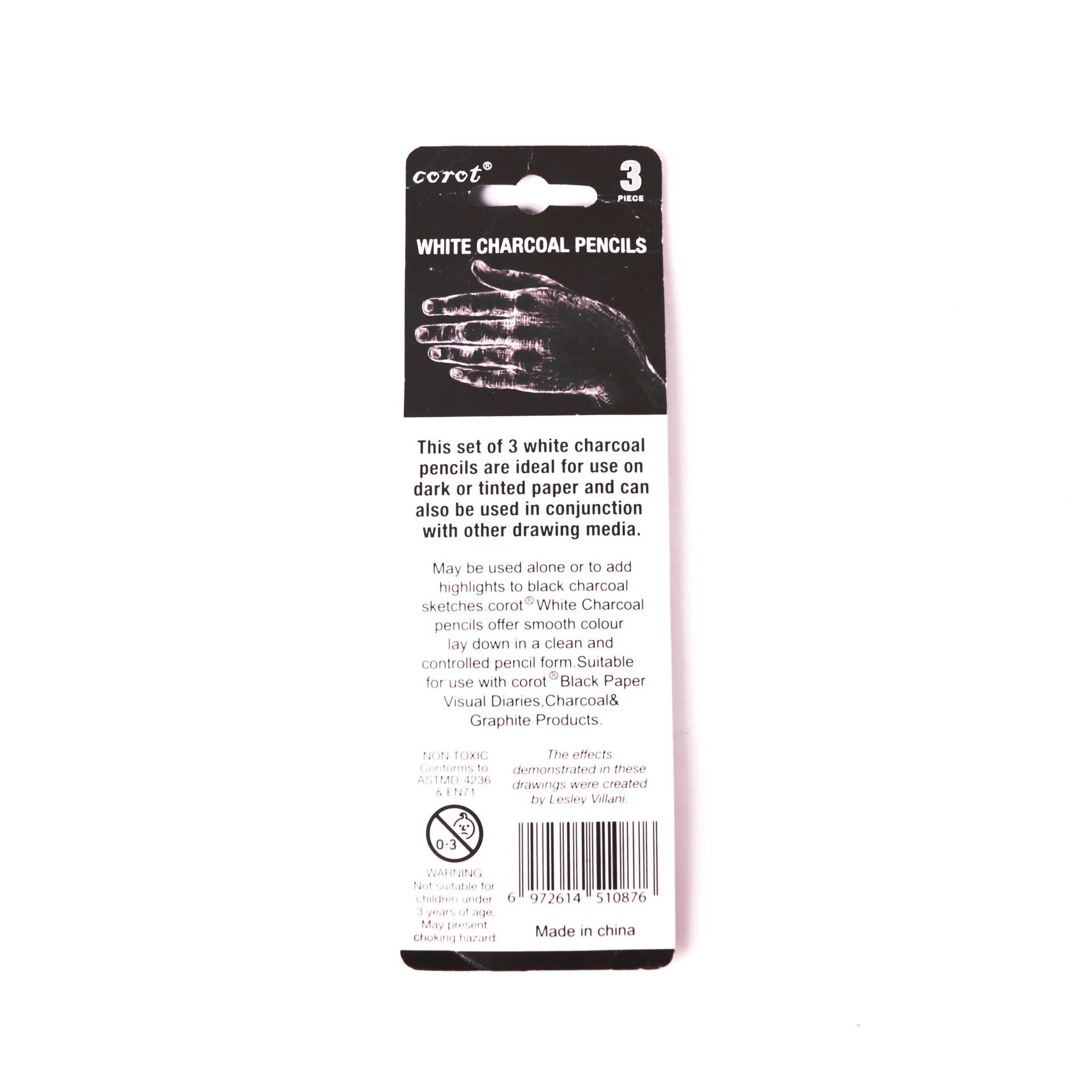 Set of three white charcoal pencils with wooden barrels for sketching on dark paper.