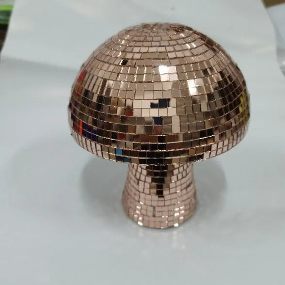 Handmade glass mushroom disco ball ornament with mirror brick upholstery in silver finish small size