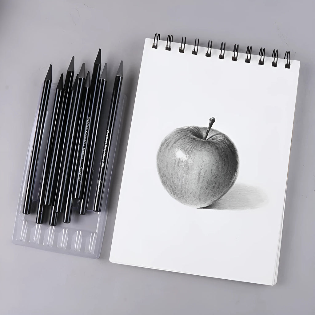 Wooden case containing six graphite pencils and three carbonized pencils for drawing, presented on a white suction card.