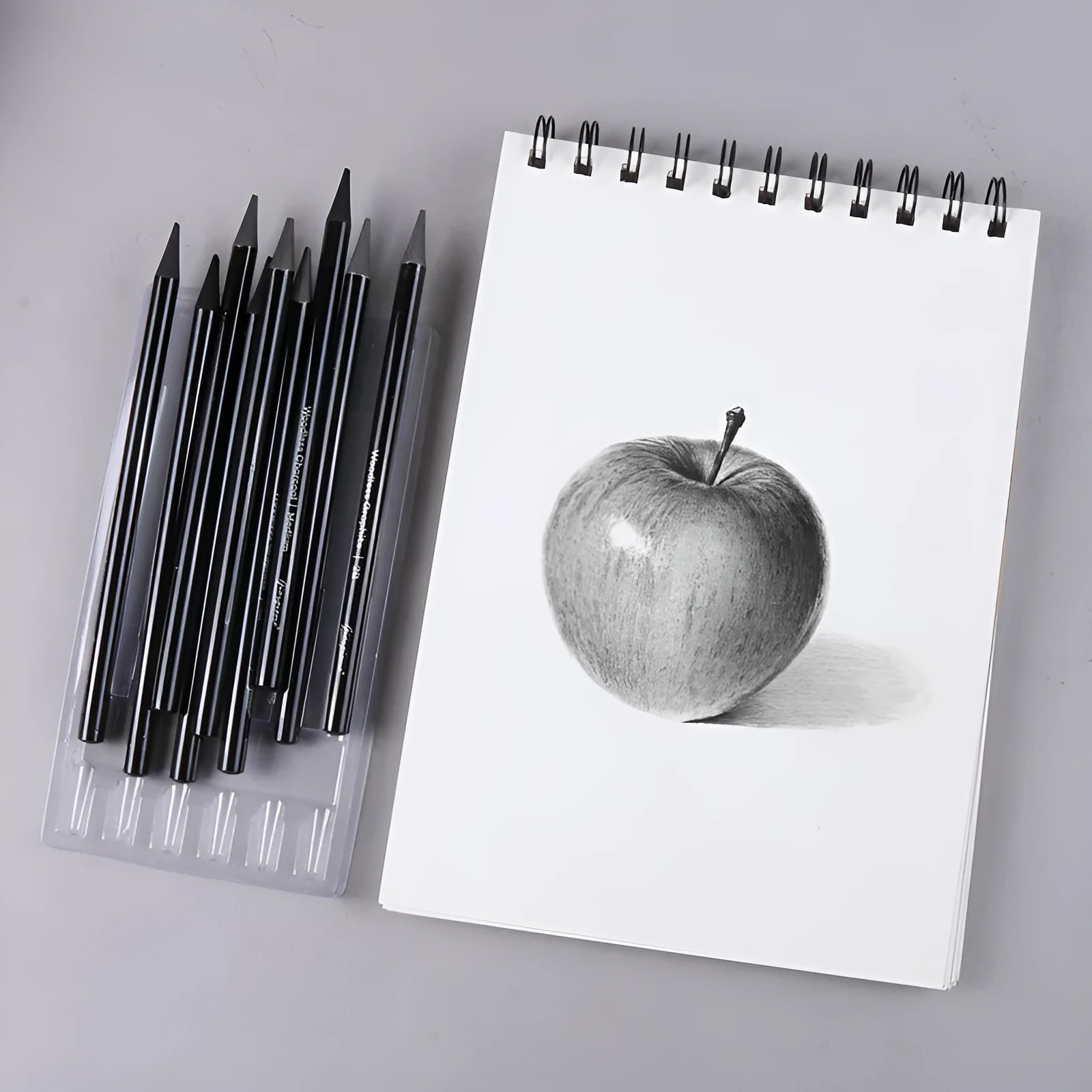 Wooden case containing six graphite pencils and three carbonized pencils for drawing, presented on a white suction card.