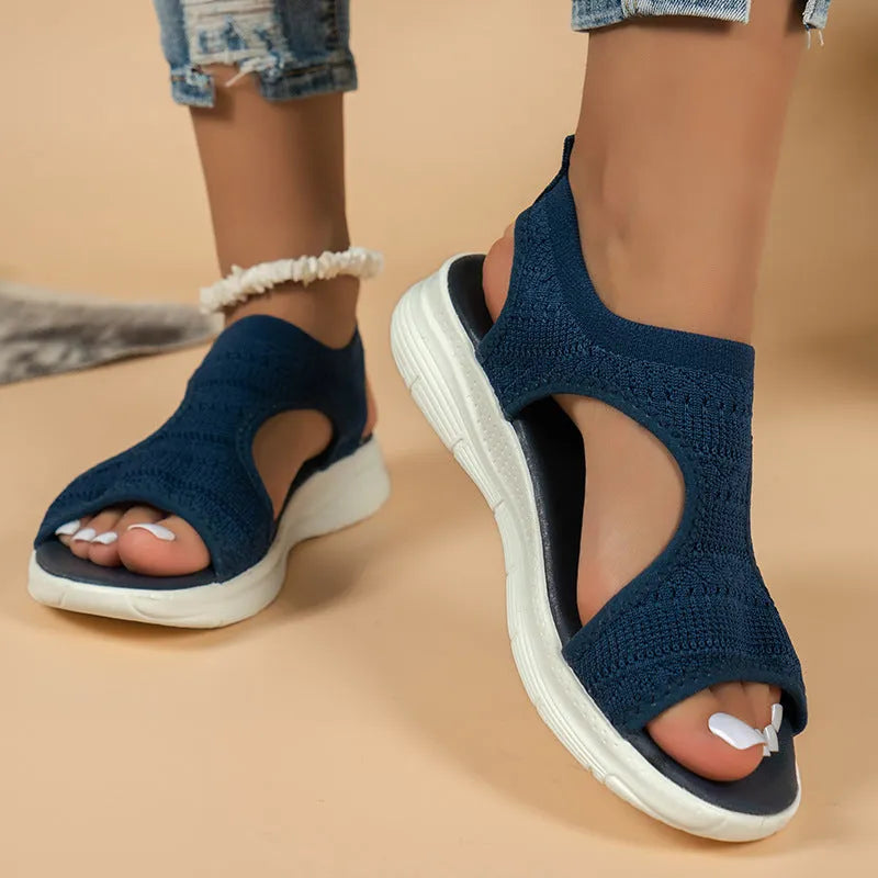 Women's flyknit hollow peep-toe Roman sandals in grey, PU upper with fish mouth toe, low-top slip-on design