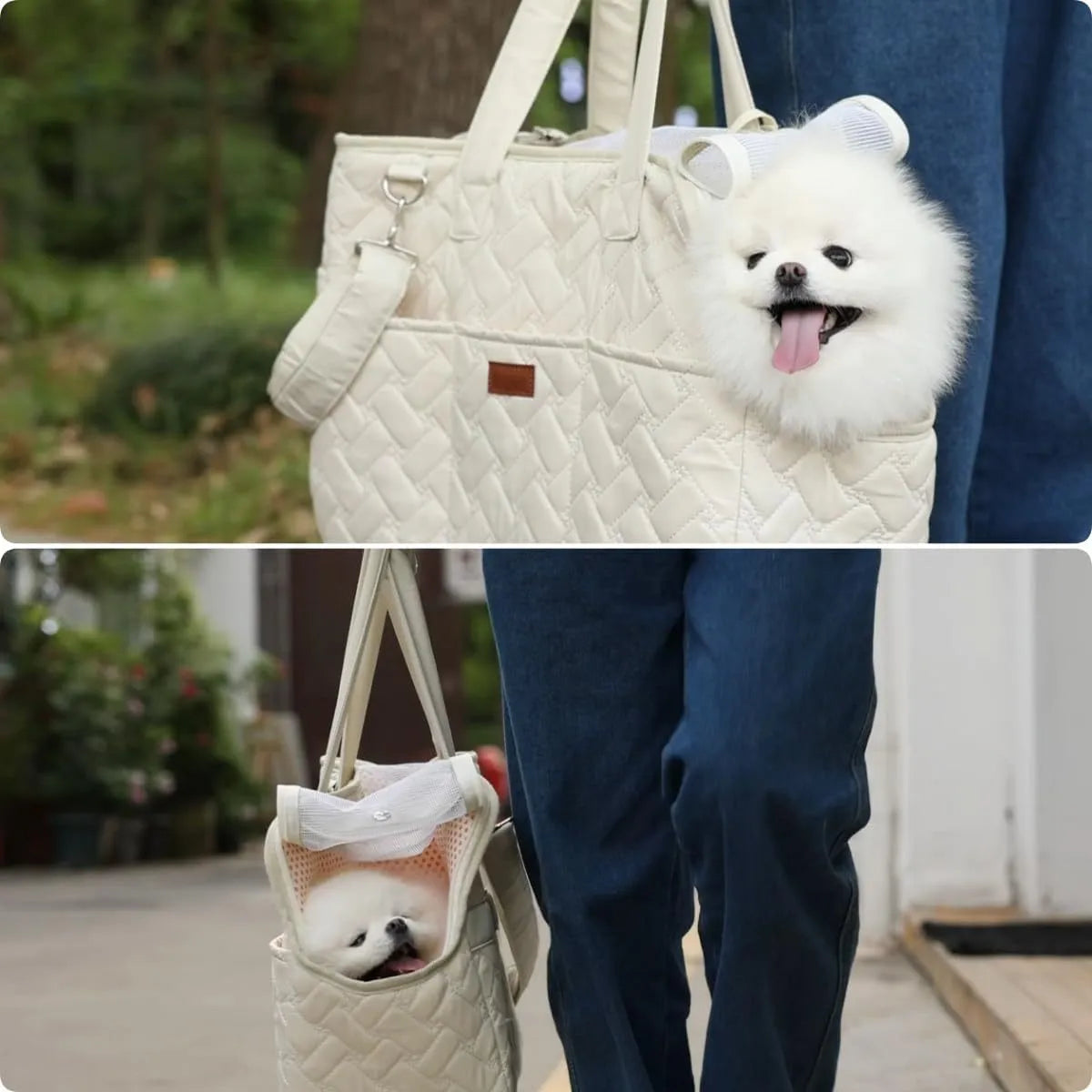Grey pet carrier handbag with breathable mesh panels and multiple pockets for cat or small dog transport