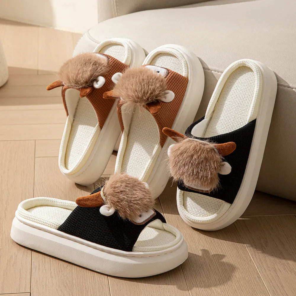 Women's linen indoor slippers with EVA soft sole, hollow-out upper, toe ring flip flop style, khaki or black, sizes 36-45