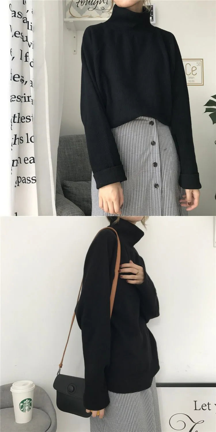 Women's solid colour half-high collar long sleeve loose top in apricot