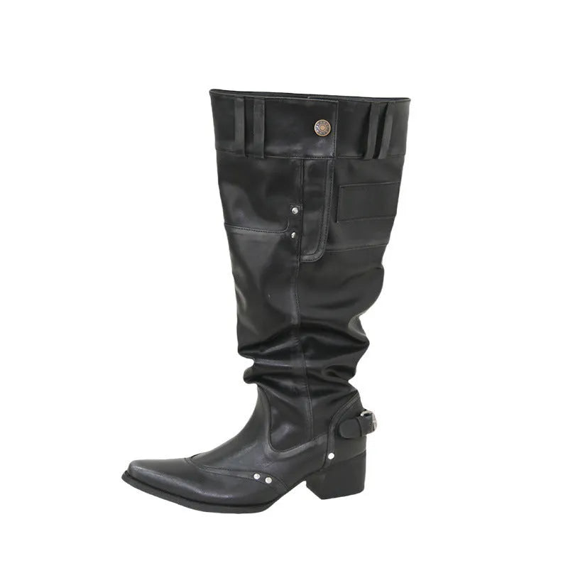 Black pointed toe chunky heel slimming boots with leather lining and high cylinder sock, side view on white background